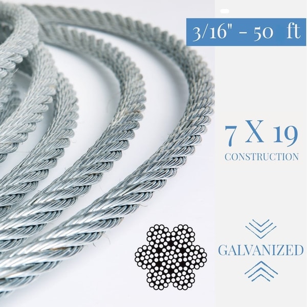 3/16 Galvanized Steel Type 7x19 Aircraft Cable Wire Rope, 50 Ft